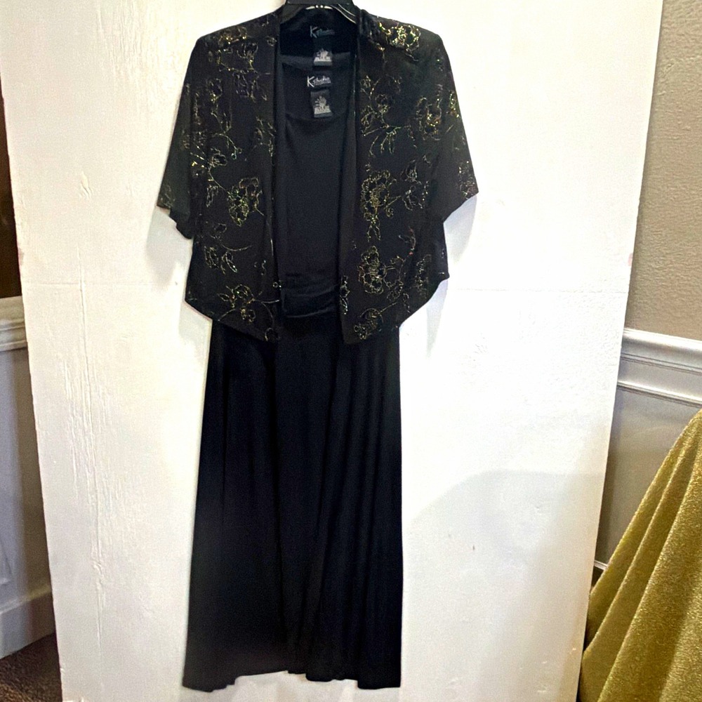 K Studio Collection Sz 14 Black/Gold Floral Glitter  Midi Sheath Dress